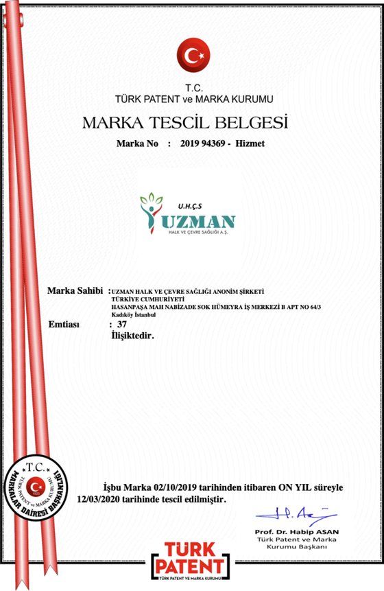 Marka Tescil Belgesi — Uzman Halk ve Çevre Sağlığı A.Ş.